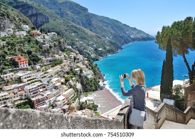 Positano, Amalfi Coast, Italy, Europe - Woman Take Pictures With Cell Phone