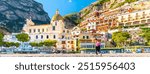 Positano, Amalfi Coast, Italy. View of the town from Positano beach. A girl leaves the beach with a backpack on her shoulders. Church of Santa Maria Assunta on the left. Banner header image.