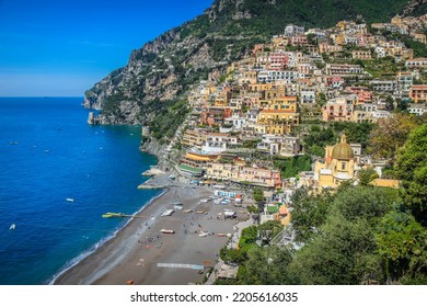 Positano Cityscape Bay At Sunset, Amalfi Coast Of Italy, Southern Europe