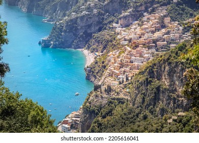 Positano Cityscape Bay At Sunset, Amalfi Coast Of Italy, Southern Europe