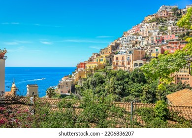 Positano Cityscape Bay At Sunset, Amalfi Coast Of Italy, Southern Europe