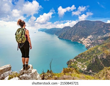 Positano, Italy - 16 April 2022 - The touristic sea town in southern Italy, province of Salerno in Amalfi Coast, with colorated historical center and very famous 'Sentiero degli Dei' trekking path.