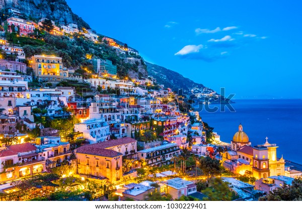 Positano Sonnenuntergang Aussicht Amalfi Kuste Italien Stockfoto Jetzt Bearbeiten