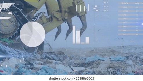 Positioning excavator claw grabbing plastic waste heap at landfill with data overlays, copy space. Industrial, sustainability, technology, environmental, pollution, cleanup, data visualization