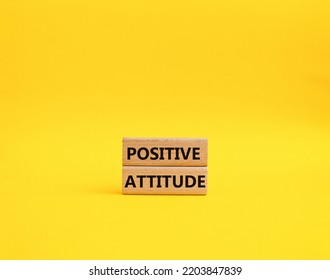 Positive Attitude Symbol. Concept Words Positive Attitude On Wooden Blocks. Beautiful Yellow Background. Business And Positive Attitude Concept. Copy Space.