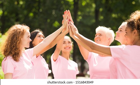 Positive Breast Cancer Volunteer Group Of Multiethnic Women In Pink T-Shirts Giving High Five Outdoor. Panorama, Selective Focus