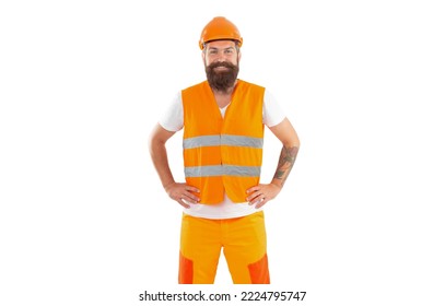 positive builder isolated on white background. builder man in uniform. bearded builder