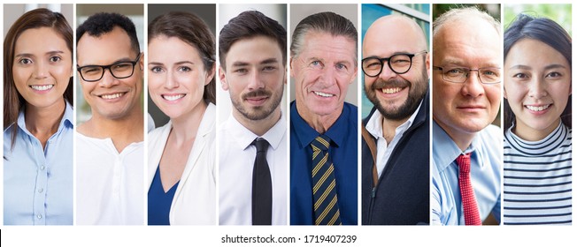 Positive business professionals and freelancers corporate portrait set. Smiling men and women of different races and ages multiple shot collage. Business people and job concept