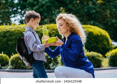 Positive caucasian mother in blue shirt giving school lunch and bottle with wather to her little pupil son outdoors in sunny morning. Back to school.education, caring, single parent support concept. - Powered by Shutterstock