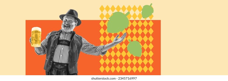 Positive, cheerful senior man in bavarian clothes greeting with beer fest season. Contemporary art collage. Concept of Oktoberfest, holiday, traditional festival, alcohol drink. Poster, ad. Banner