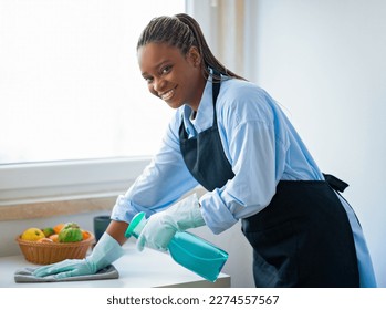 Positive cheerful tidy young african american woman in workwear maid cleaning kitchen and smiling, using detergent spray and duster cloth. House-keeping service, professional cleaning