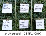 Positive and common 2024 or 2025 New Year’s goals and resolutions for adults or people trying to better themselves in a modern world, handwritten on post-it notes on a green leaf background