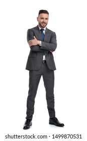 Positive And Confident Young Business Man Standing With Hands Crossed, Isolated On White Background, Full Body Portrait