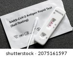 Positive Covid-19, SARS‑CoV‑2 antigen test kit for self testing, one step coronavirus antigen rapid test, saliva swab, 1 test box, close up