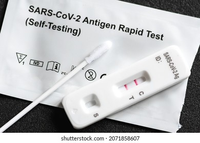Positive SARS‑CoV‑2, Covid-19 antigen test kit, one step coronavirus antigen rapid test, saliva swab, 1 test box with imagine of lungs, close up - Shutterstock ID 2071858607