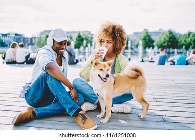 Positive Dark Skinned Couple In Love Dressed In Casual Wear Having Fun And Spending Free Time Together With Dog In Urban Setting.Cheerful African American Young Man And Woman Drinking Coffee To Go