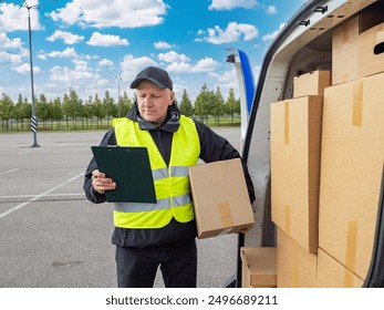 Positive delivery guy. Courier with clipboard stands on street. Postman delivered parcels by car. Courier in reflective vest. Delivery man loads boxes into minivan. Happy postman. Parcel logistics