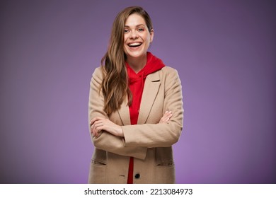 Positive Emotional Female Model In Beige Warm Coat. Isolated Advertising Portrait.