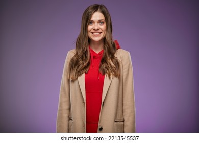 Positive Emotional Female Model In Beige Warm Coat. Isolated Advertising Portrait.