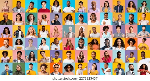 Positive Emotions. Set Of Diverse Happy Multiethnic People Portraits Over Bright Backgrounds, Group Of Cheerful Multicultural Men And Woman Expressing Good Mood Posing On Colorful Backdrops, Collage - Shutterstock ID 2273823437
