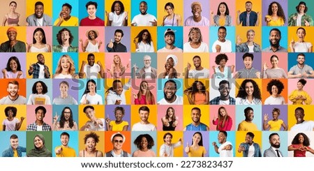Positive Emotions. Set Of Diverse Happy Multiethnic People Portraits Over Bright Backgrounds, Group Of Cheerful Multicultural Men And Woman Expressing Good Mood Posing On Colorful Backdrops, Collage