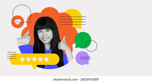 Positive experience shared through visual storytelling of trust, showing strong approval and satisfaction with colorful conversational elements. Concept of branding, testimonials, human connection.