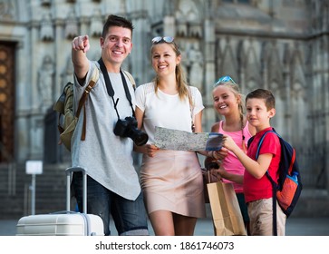 Positive Family Tourists Two Kids Looking Stock Photo 1861746073 