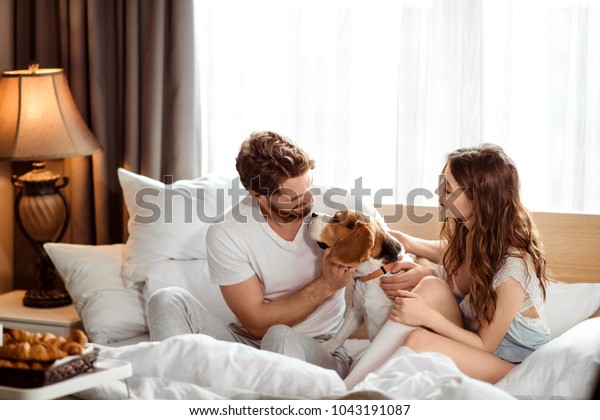 ポジティブな女性と男性は 犬と一緒にベッドで楽しみ 家庭内の穏やかな雰囲気と一体感を楽しみます 家族夫婦は寝室で好きな犬と遊ぶ 真の友情と献身 の写真素材 今すぐ編集