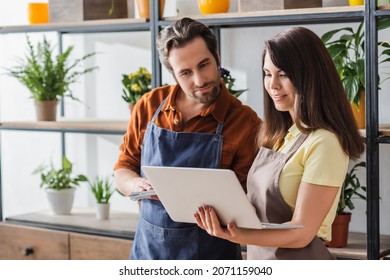 Positive florist in apron holding laptop near colleague with notebook in flower shop - Powered by Shutterstock