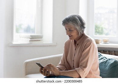 Positive focused senior woman typing on mobile phone, using online app, shopping on Internet. Older female smartphone user holding cellphone, sitting on home sofa, enjoying leisure, communication - Powered by Shutterstock