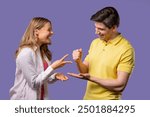 Positive funny couple playing rock paper scissors. Settling dispute method, decision. Rochambeau team games. High quality