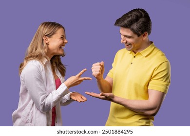 Positive funny couple playing rock paper scissors. Settling dispute method, decision. Rochambeau team games. High quality - Powered by Shutterstock