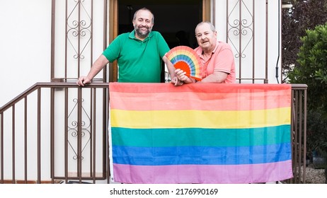 Positive Gay Couple On Balcony With LGBT Flag