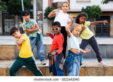 Positive Girls And Boys Training Hip Hop On City Street, Outdoor Dance Class For Kids
