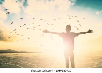 Positive Happy Financial Freedom Life Self Soul Worship God On Person Beach Morning Summer Concept Peace Love Health Wellbeing Praise Easter Day, Inspiration Good Feel In Muslim Ramadan Passion.