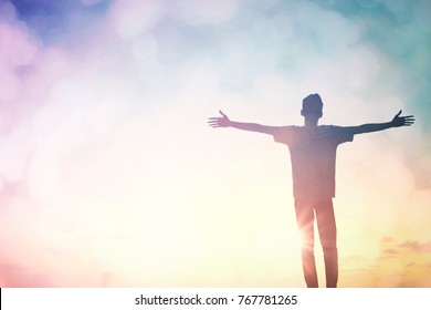 Positive health think wellbeing. young people reborn life praise cross spirit God on good easter concept Passion motiv happy self education mission freedom personality, Sun energy blur turquoise light