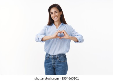 Positive Healthy Happy Middle-aged Woman Show Heart Sign Smiling, Cherish Relationship, Express Love Care And Delight, Confess Feelings For Family, Sympathy, Stand With Admiration White Background