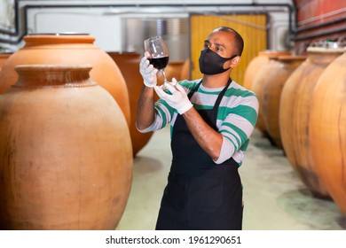 Positive House Sommelier In Protective Mask Tasting Red Wine From Barrels