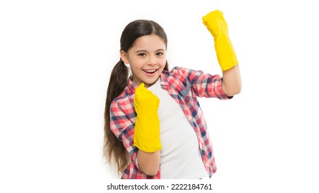 Positive Housewife. Harmless Cleaning Products. House Cleaning Service. Wiping Glove For Cleaning. Small Girl In Cleaning Gloves. Quality Service Call. Independent Girl Housekeeping Isolated On White