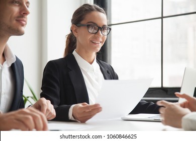 Positive HR representatives listening attentively to applicant ideas and thoughts, discussing experience during job interview for open position. Concept of employment, hiring, recruitment - Shutterstock ID 1060846625