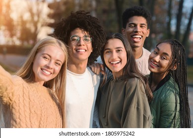 Positive international teen friends taking selfie while walking in autumn park
