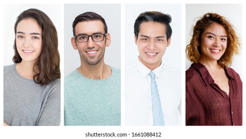 Positive Job Candidates Studio Shot Collage. Young Caucasian And Asian Men And Woman Posing For Camera. Multiscreen Montage, Split Screen Collage. Studio Portraits Concept