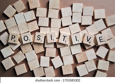 Positive Letter Scrabble Alphabet Text. Think Positive Text Written With Scrabble Alphabets.