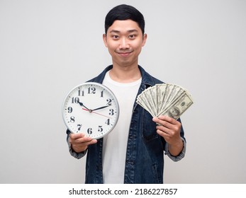 Positive Man Jeans Shirt Hold Money With Clock Gentle Smile Isolated