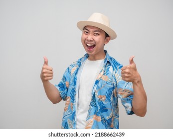 Positive Man Wear Hat Beach Shirt Gentle Smile Double  Thumb Up