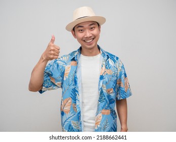 Positive Man Wear Hat Beach Shirt Gentle Smile Thumb Up