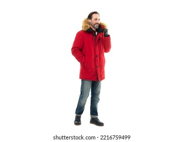 Positive Man Wear Warm Winter Outwear In Studio. Mature Man In Red Puffer Coat Outwear.