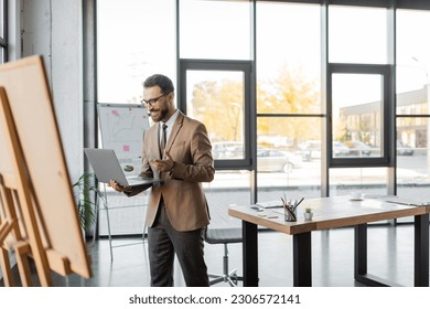 positive manager in trendy business attire holding laptop and gesturing during video call near flip charts and work desk with coffee cup, smartphone and stationery in modern office with large windows - Powered by Shutterstock