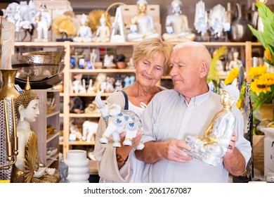 Positive Mature Couple Looking For Small Statue For Home Decor At Household Store