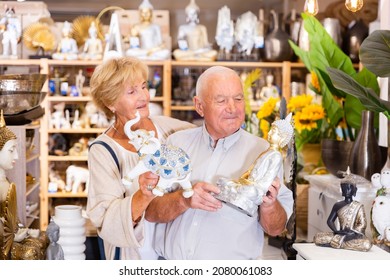 Positive Mature Couple Looking For Small Statue For Home Decor At Household Store